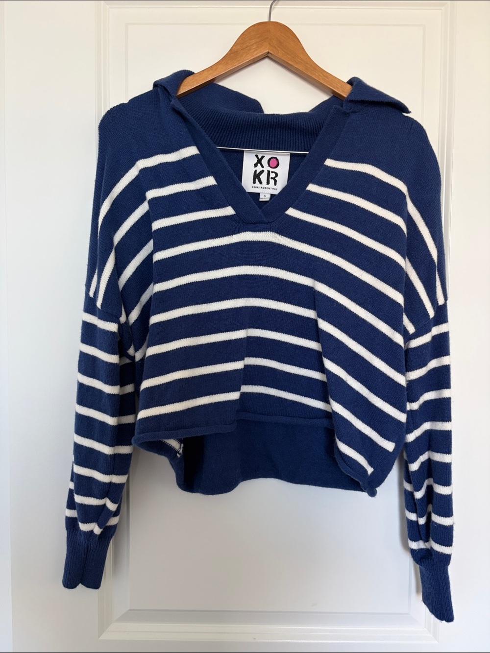 XO Khris Striped Navy and White V-Neck Sweater